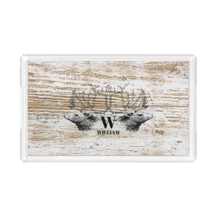 Rustic Wood Texture Deer Woodland Monogram Acrylic Tray