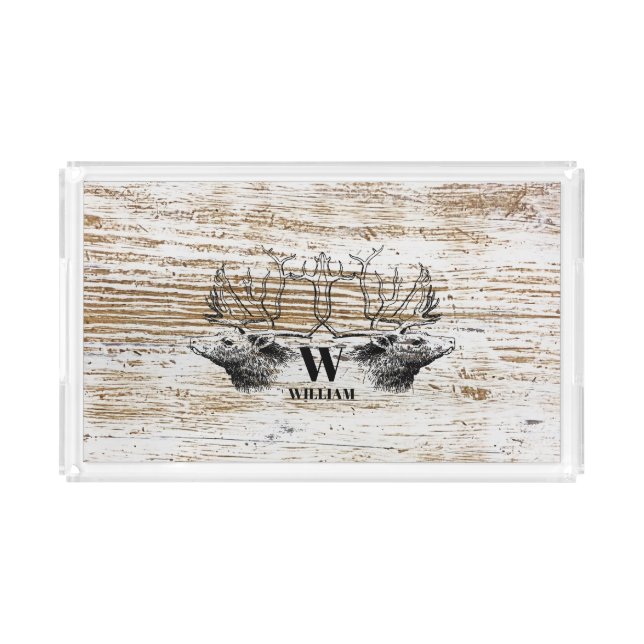 Rustic Wood Texture Deer Woodland Monogram Acrylic Tray (Front)