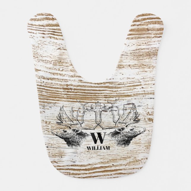 Rustic Wood Texture Deer Woodland Monogram Baby Bib (Front)