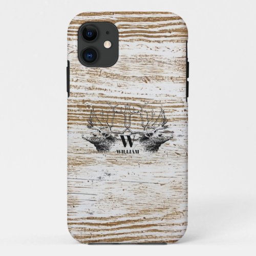 Rustic Wood Texture Deer Woodland Monogram  iPhone 11 Case