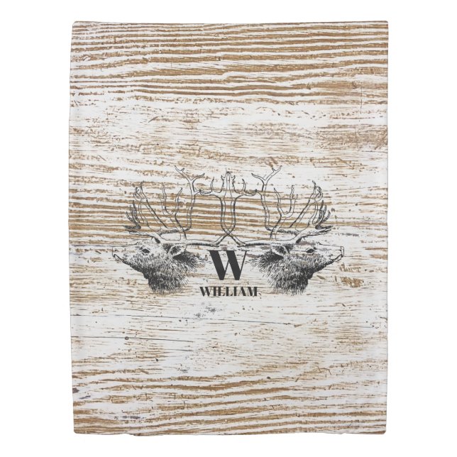 Rustic Wood Texture Deer Woodland Monogram Duvet Cover (Front)