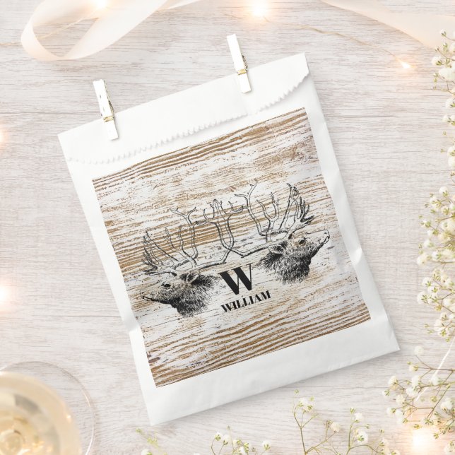 Rustic Wood Texture Deer Woodland Monogram  Favor Bag (Clipped)