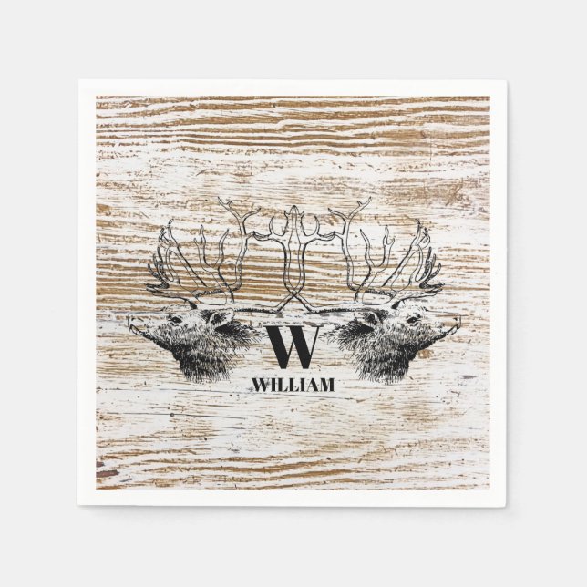 Rustic Wood Texture Deer Woodland Monogram Napkins (Front)