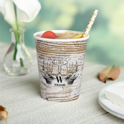 Rustic Wood Texture Deer Woodland Monogram Paper Cups