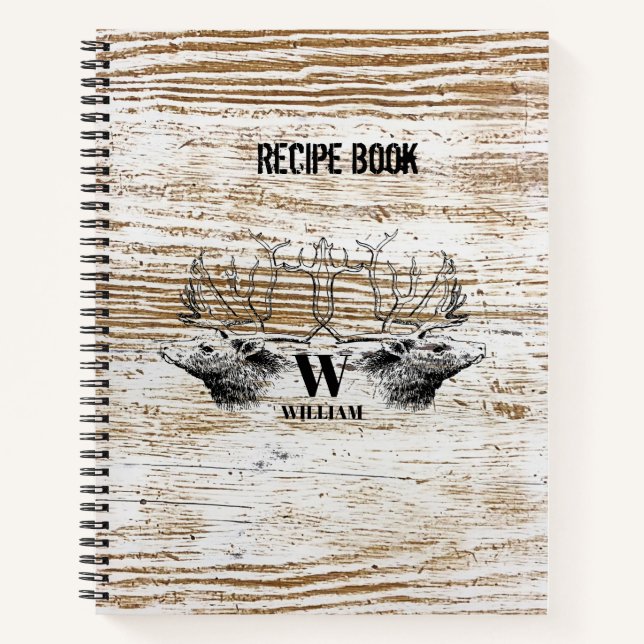 Rustic Wood Texture Deer Woodland Monogram Recipe Notebook (Front)