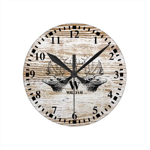 Rustic Wood Texture Deer Woodland Monogram Round Clock