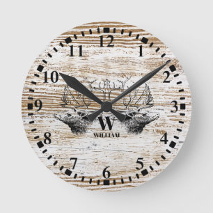 Rustic Wood Texture Deer Woodland Monogram Round Clock