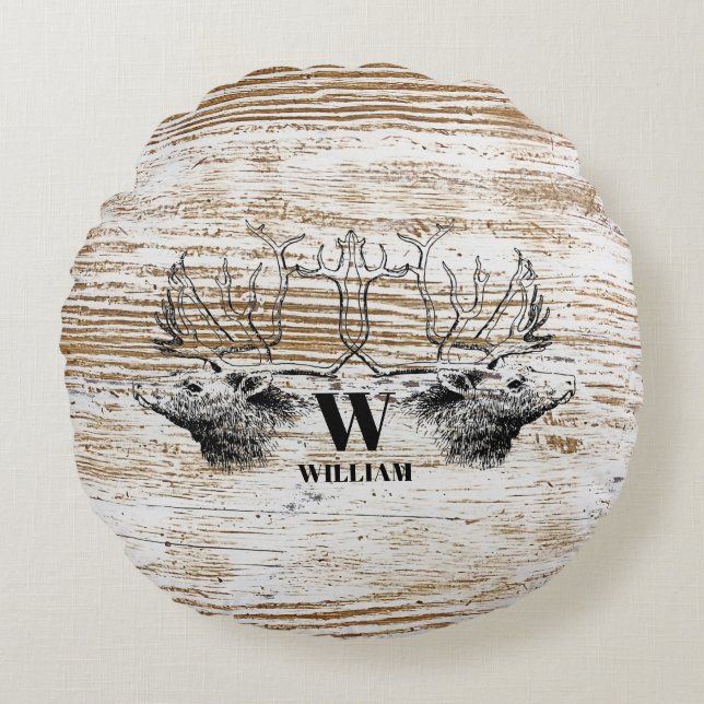 Rustic Wood Texture Deer Woodland Monogram Round Pillow (Front)