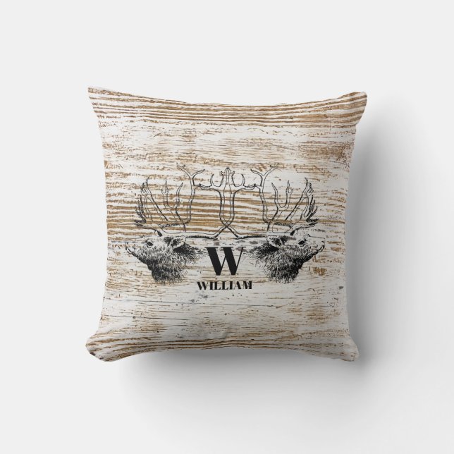 Rustic Wood Texture Deer Woodland Monogram Throw Pillow (Front)