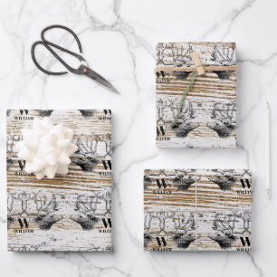 Rustic Wood Texture Deer Woodland Monogram Wrapping Paper Sheets