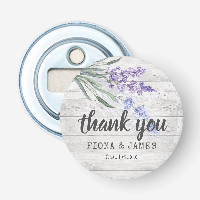 Rustic Wood Texture Lavender Wedding Thank You Bottle Opener (Front)