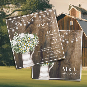 Rustic Wood Texture Lights Floral Wedding Invitation