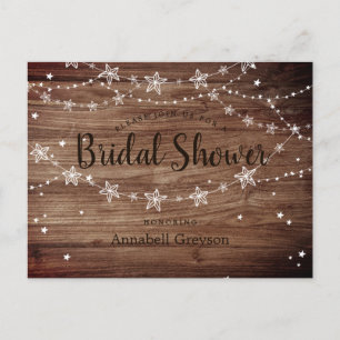 Rustic Wood Texture String Stars Bridal Shower Invitation Postcard