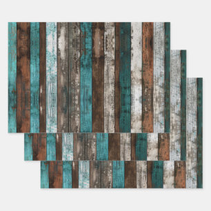Rustic Wood Texture Teal and Brown Decoupage Wrapping Paper Sheets