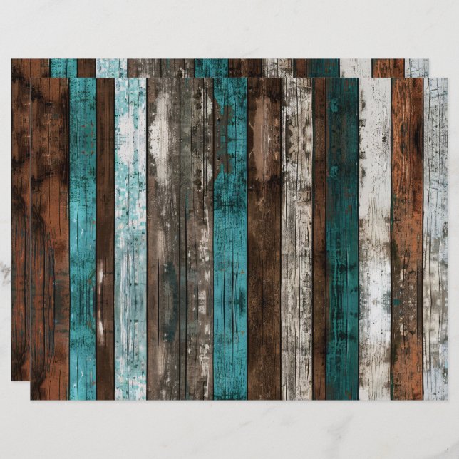 Rustic Wood Texture Teal and Brown Scrapbook Paper (Front/Back)