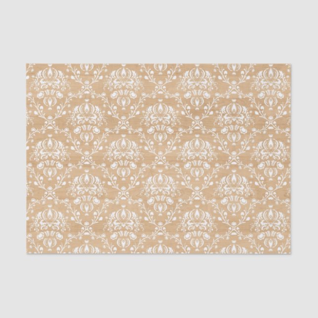 Rustic Wood Texture with White Damask Tissue Paper (Front)