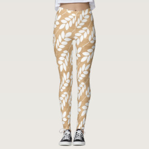 Rustic Wood Texture with White Foliage Pattern Leggings
