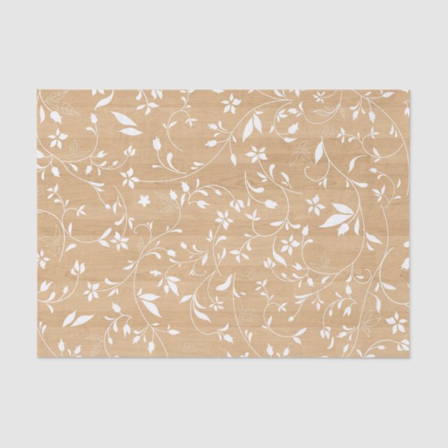 Rustic Wood Texture with White Foliage Pattern Tissue Paper (Front)