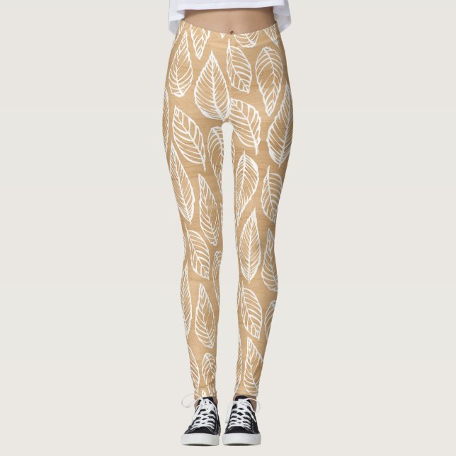 Rustic Wood Texture with White Leaves Pattern Leggings (Front)