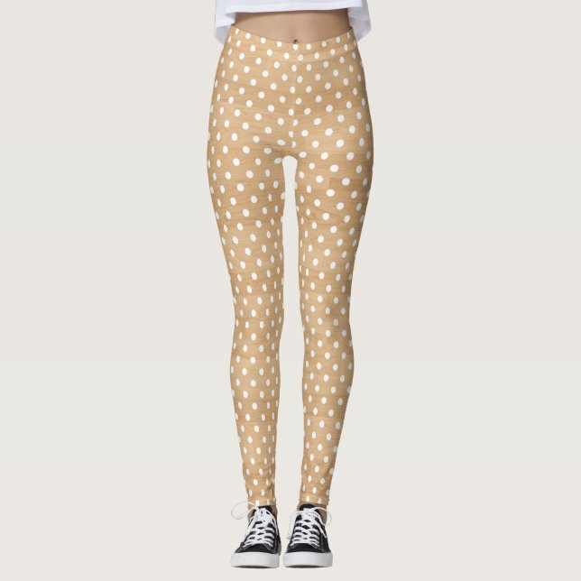 Rustic Wood Texture with White Polka Dots Pattern Leggings (Front)