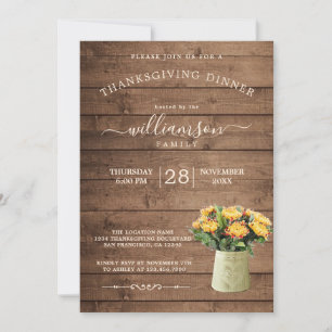Rustic Wood Thanksgiving Dinner Fall Flora Invitation