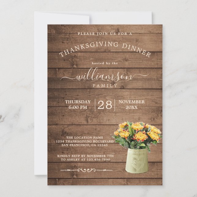 Rustic Wood Thanksgiving Dinner Fall Flora Invitation (Front)