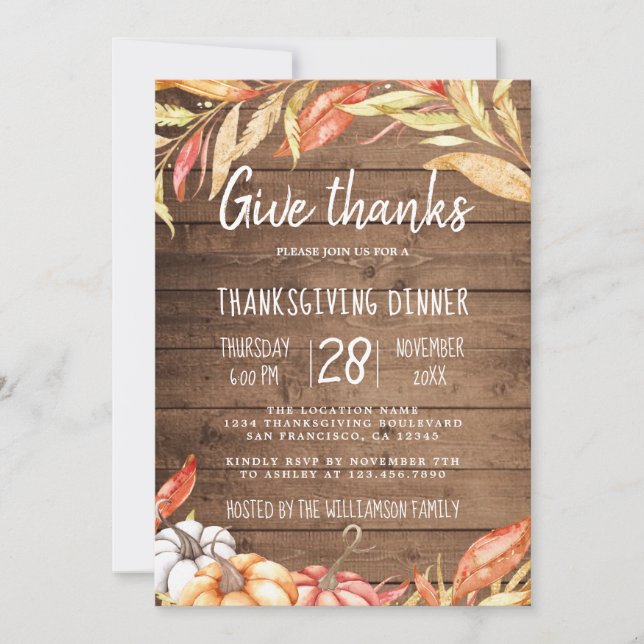 Rustic Wood Thanksgiving Dinner Invitation (Front)