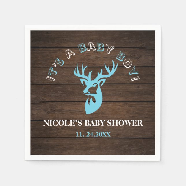 Rustic Wood Theme Blue Deer Baby Boy Shower Napkins (Front)