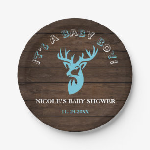 Rustic Wood Theme Blue Deer Baby Boy Shower Paper Plates