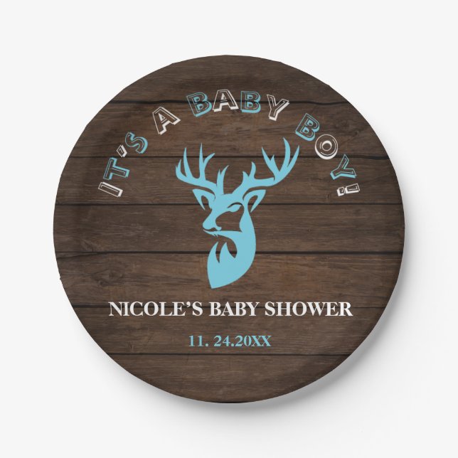 Rustic Wood Theme Blue Deer Baby Boy Shower Paper Plates (Front)