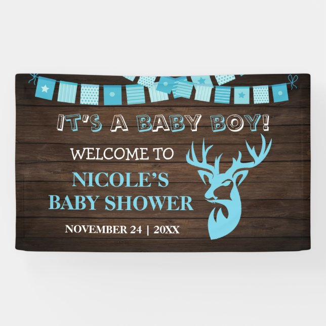 Rustic Wood Theme Deer Baby Boy Shower Backdrop Banner (Horizontal)