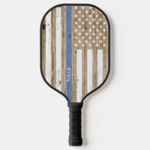 Rustic Wood Thin Blue Line Patriotic USA Flag Pickleball Paddle