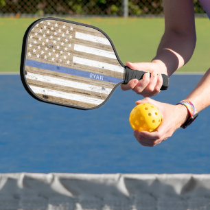 Rustic Wood Thin Blue Line Patriotic USA Flag Pickleball Paddle