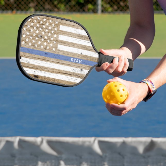 Rustic Wood Thin Blue Line Patriotic USA Flag Pickleball Paddle (Insitu)