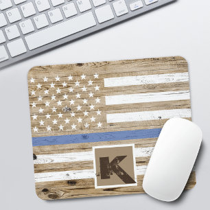 Rustic Wood Thin Blue Line USA Flag Monogram Mouse Pad