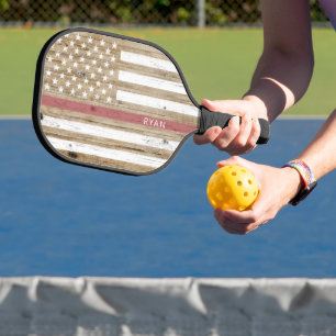 Rustic Wood Thin Red Line Patriotic USA Flag Pickleball Paddle