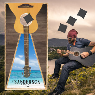 Rustic Wood Tone Accustic Guitar Beach Music Corn Cornhole Set