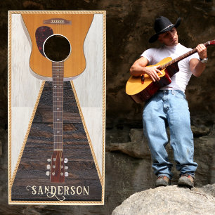 Rustic Wood Tone Accustic Guitar Music Lover White Cornhole Set