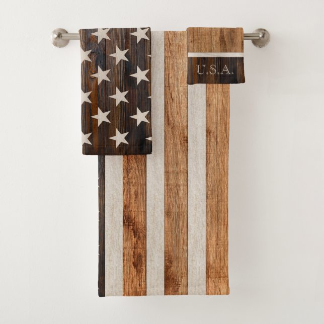 Rustic Wood Tone American Flag Horizontal Bath Towel Set (Insitu)