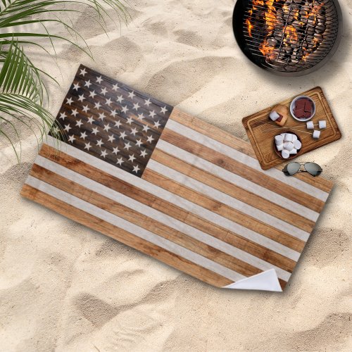 Rustic Wood Tone American Flag Horizontal Beach Towel