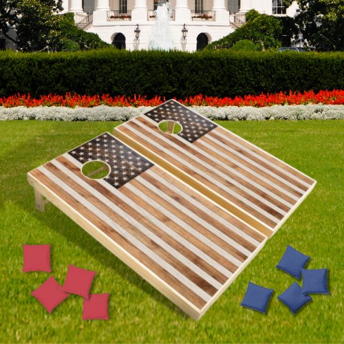 Rustic Wood Tone American Flag Horizontal Cornhole Set
