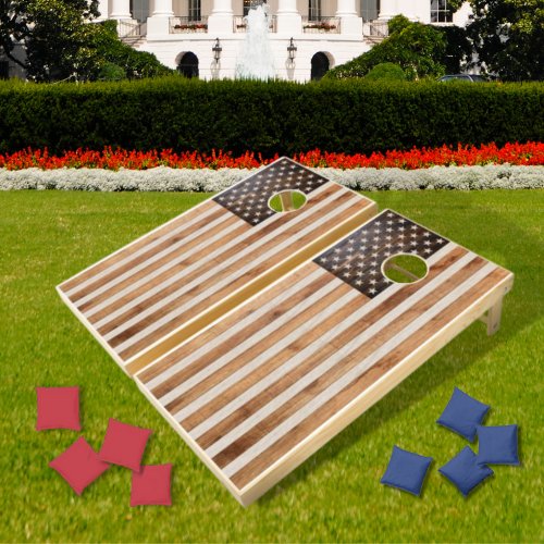Rustic Wood Tone American Flag Vertical Orientaion Cornhole Set