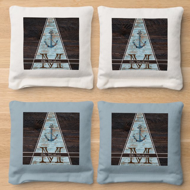 Rustic Wood Tone Anchor Dusty blue Brown Monogram Cornhole Bags (Wood)