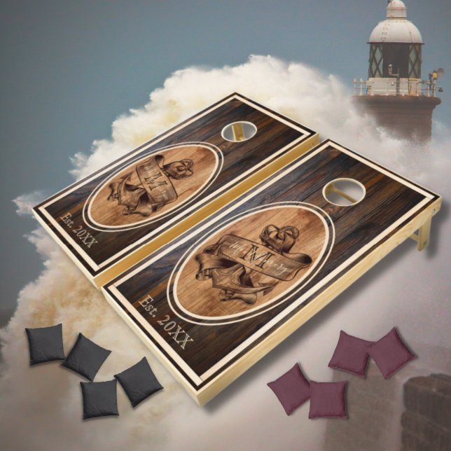 Rustic Wood Tone Anchor Monogram Design Cornhole Set (Creator Uploaded)