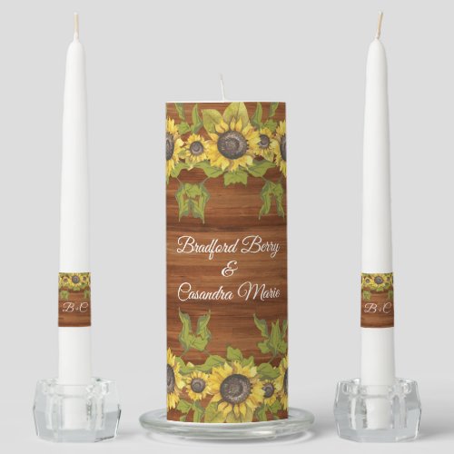 Rustic Wood Tone Bride Groom Names Sunflower Unity Candle Set