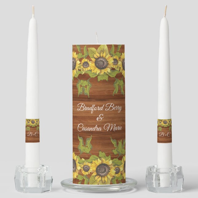 Rustic Wood Tone Bride Groom Names Sunflower Unity Candle Set (Front)