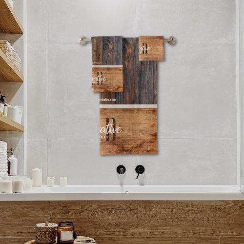 Rustic Wood Tone Business Logo Bath Towel Set