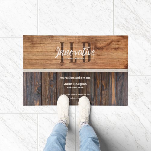 Rustic Wood Tone Business Logo Doormat