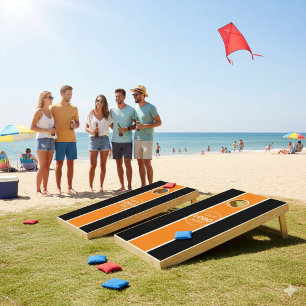 Rustic Wood Tone Business Logo Stripe Cornhole Set