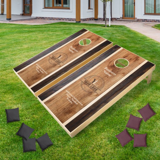 Rustic Wood Tone Business Logo Stripe Cornhole Set (Creator Uploaded)